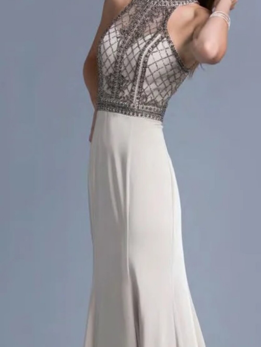 Beaded Halter Formal Dress in Light Gray